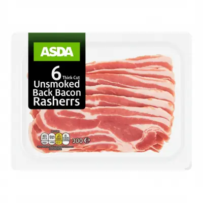 Asda 6 Thick Cut Unsmoked Back Bacon Rashers 300G