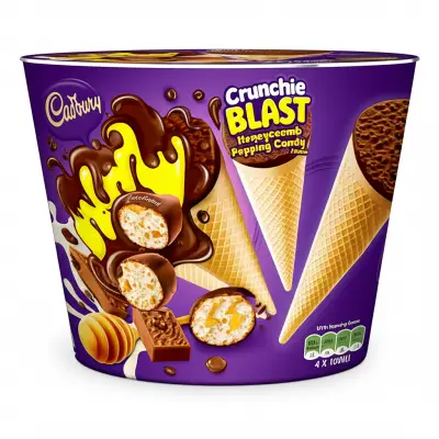 Cadbury Crunchie Blast Honeycomb Ice Cream With Popping Candy Cones 4 X 100Ml