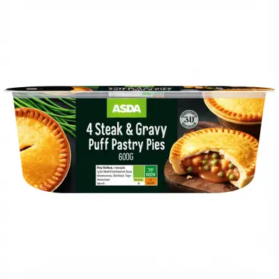 Asda 4 Steak & Gravy Puff Pastry Pies 600G