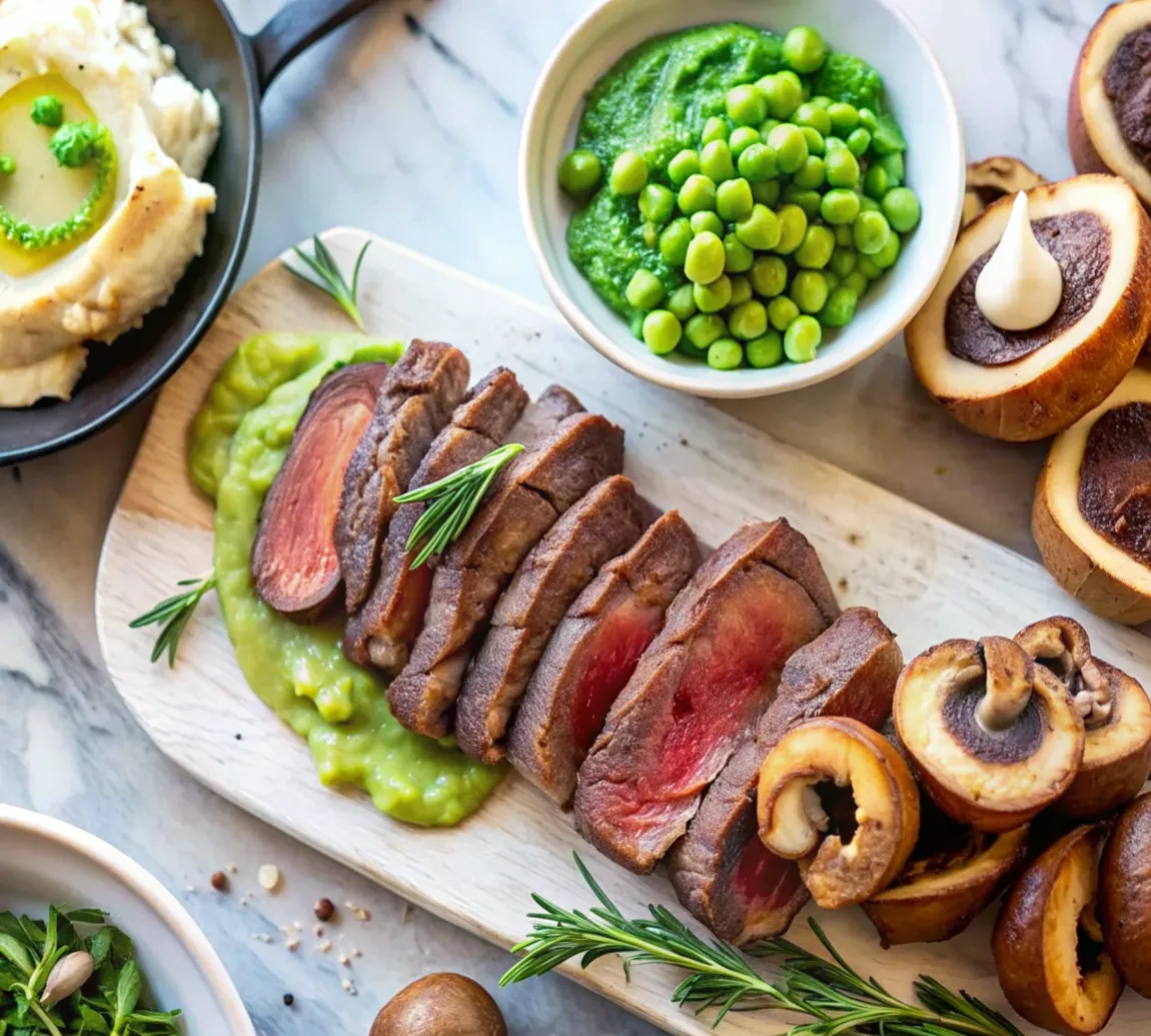 Image of Sautéed Portabellos, Steak, Coriander Mash & Pea Purée