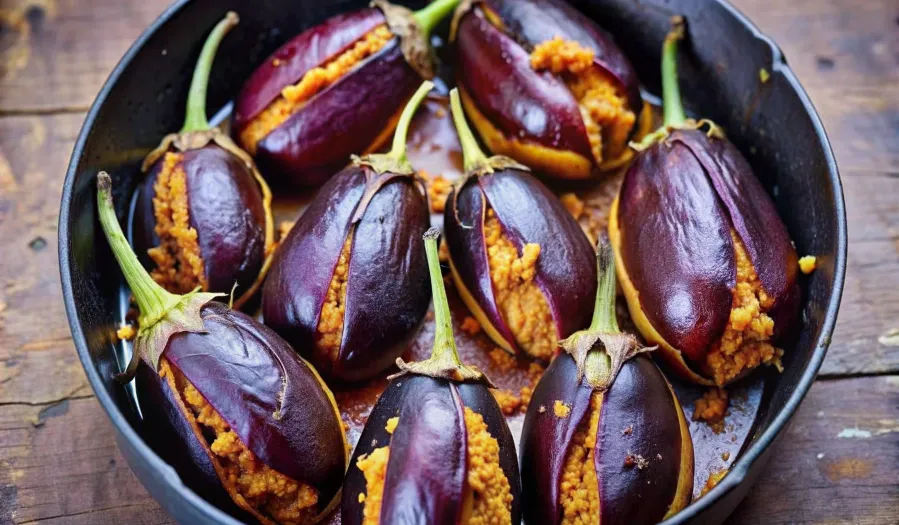 Image of Baby Aubergines Stuffed with Peanut and Coconut