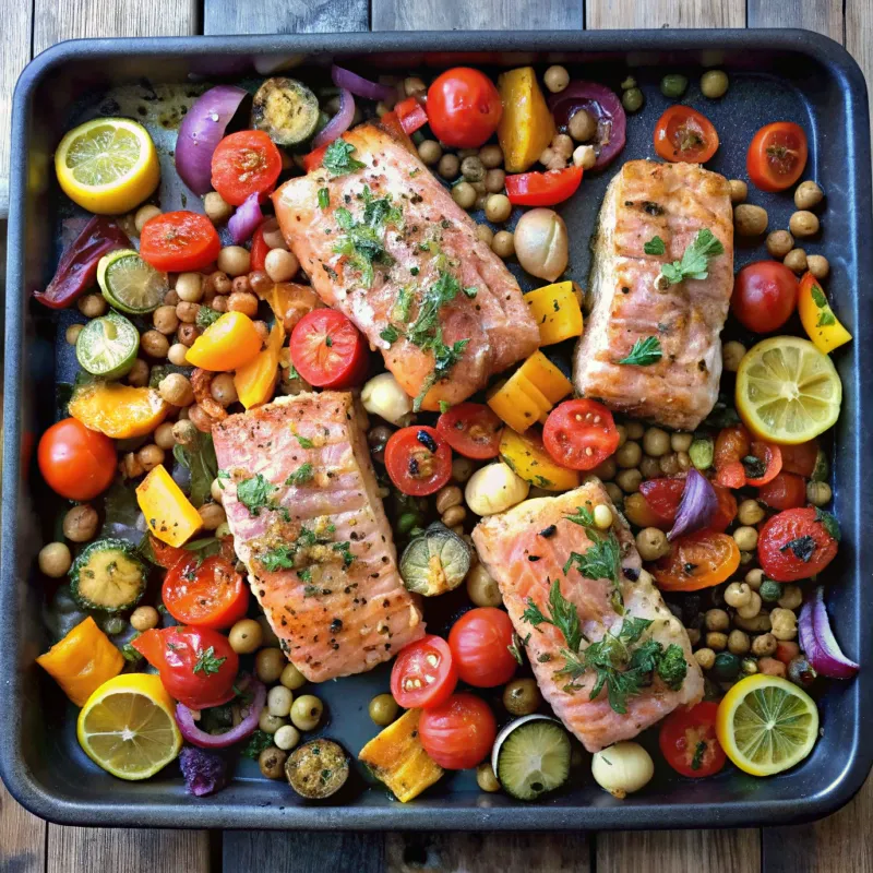 Image of One Pan Salmon and Roasted Mediterranean Vegetables
