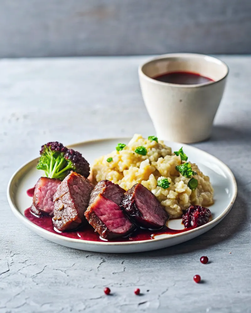 Image of Venison Steaks With Celeriac Mash & Blackberry Gravy