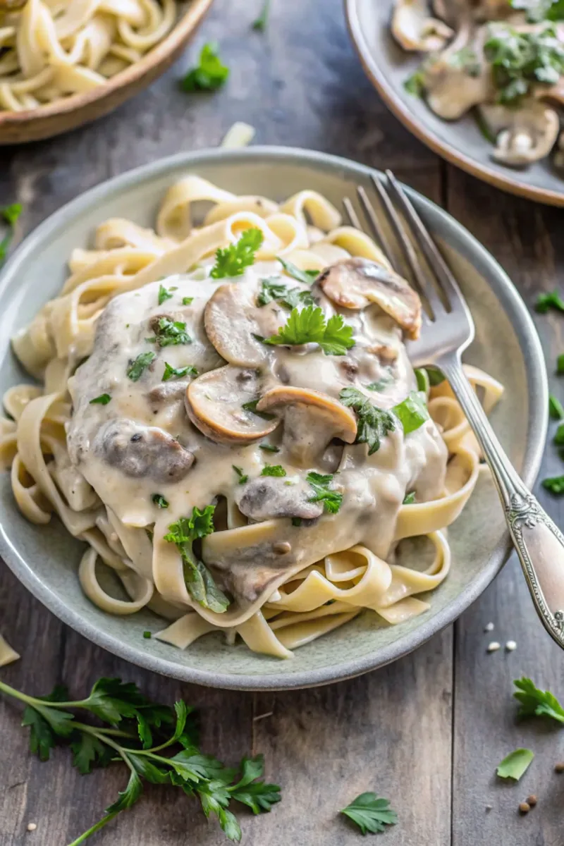 Image of Creamy Vegan Garlic Mushroom Fettuccini
