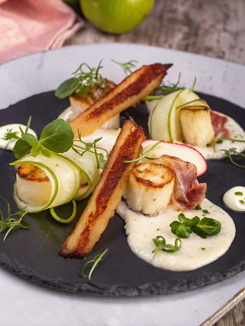 Image of Pan Seared Scallops With Celeriac & Bacon