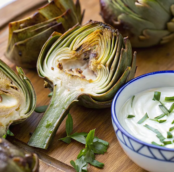 Image of Grilled Artichokes With Creamy Lemon Dip