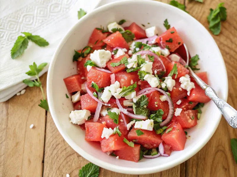 Image of Watermelon and Feta Salad with Red Onion, Mint and Lime