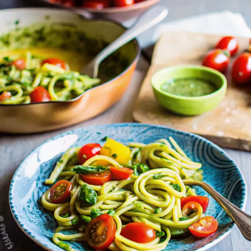Image of Pesto Zucchini Noodles with Cherry Tomatoes
