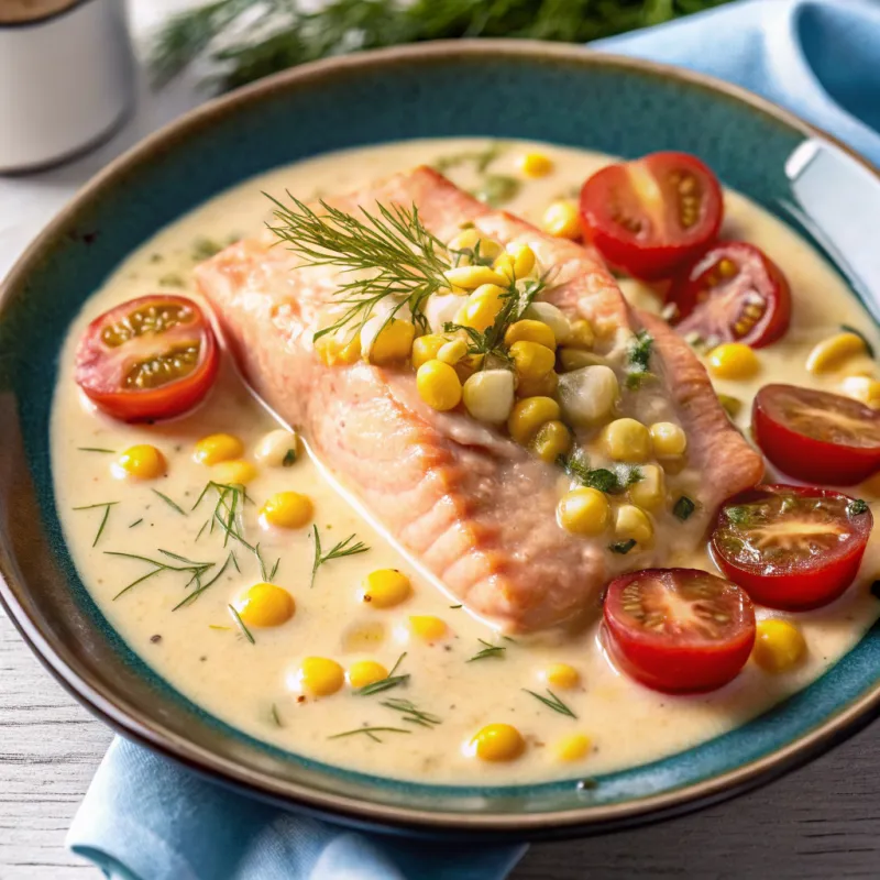 Image of Coconut-Poached Salmon with Corn And Dill