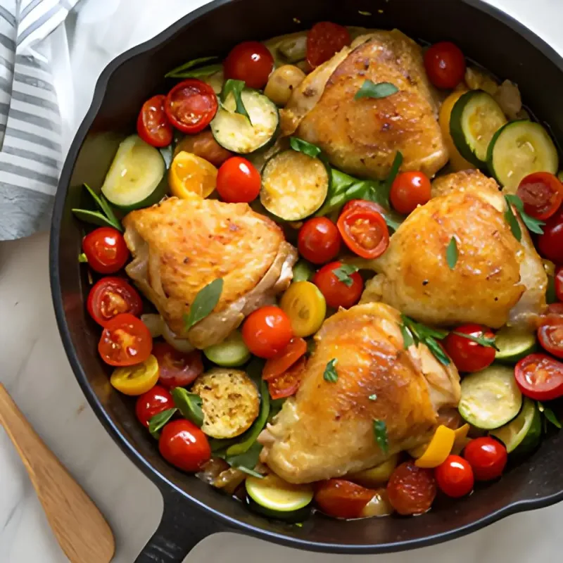 Image of Crispy Baked Chicken Thighs with Summer Vegetables