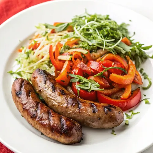 Image of Grilled Bratwurst with Peppers, Onions and Fennel