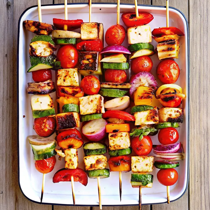 Image of Grilled Halloumi Skewers with Zucchini, Peppers, and Tomatoes