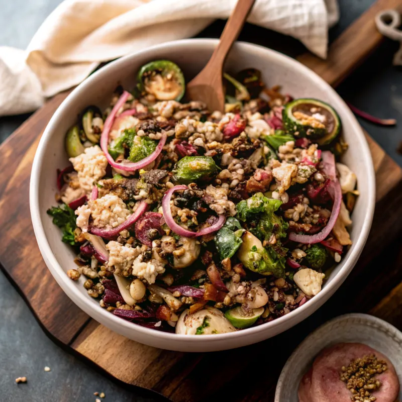 Image of Roasted Brussels Sprouts, Quinoa & Lentil Salad with Spicy Caesar Dressing