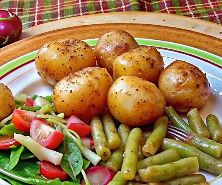 Image of Roasted New Potatoes with Green Beans and Salad