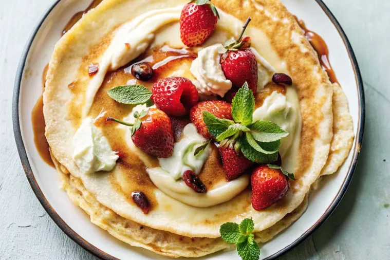 Image of Coconut crepes with maple ricotta and strawberries